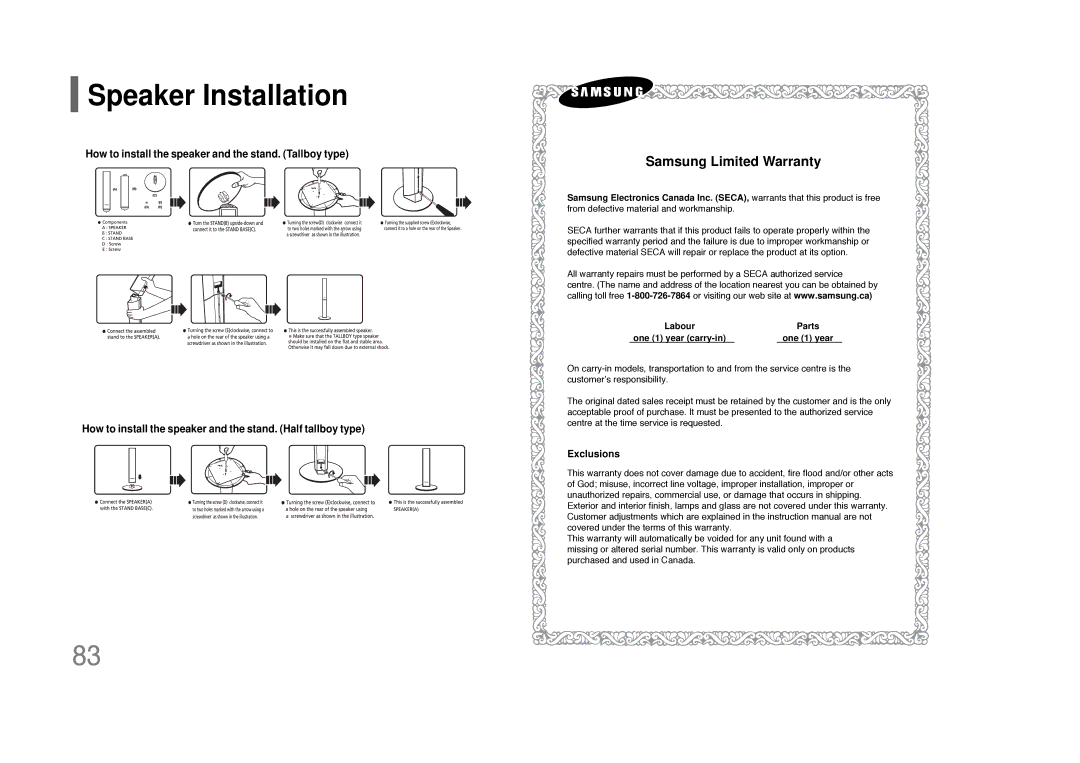 Samsung HT-TQ85 instruction manual Speaker Installation, Labour Parts One 1 year carry-in 