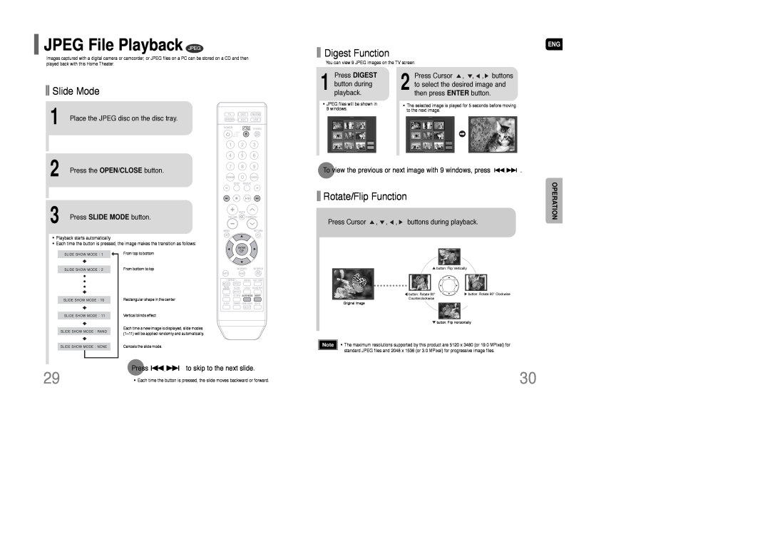 Samsung HT-TQ85 instruction manual JPEG File Playback JPEG, Digest Function, Slide Mode, Rotate/Flip Function 
