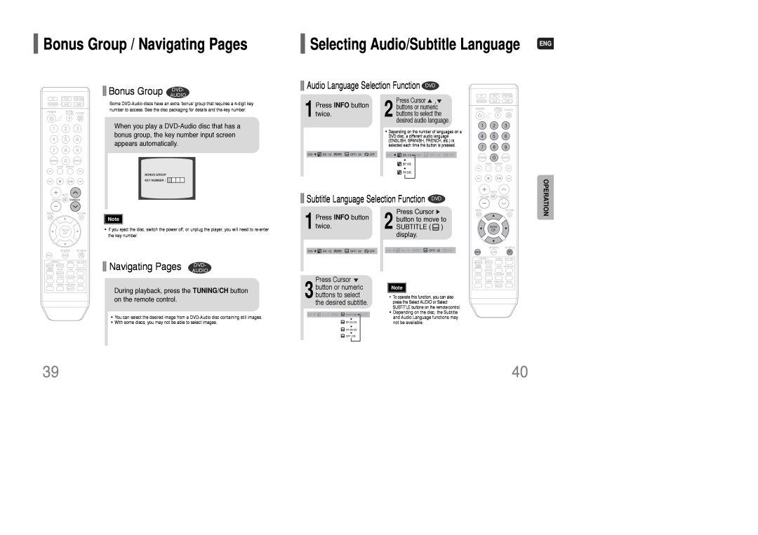 Samsung HT-TQ85 Bonus Group / Navigating Pages, Selecting Audio/Subtitle Language, Bonus Group DVD, Navigating Pages DVD 