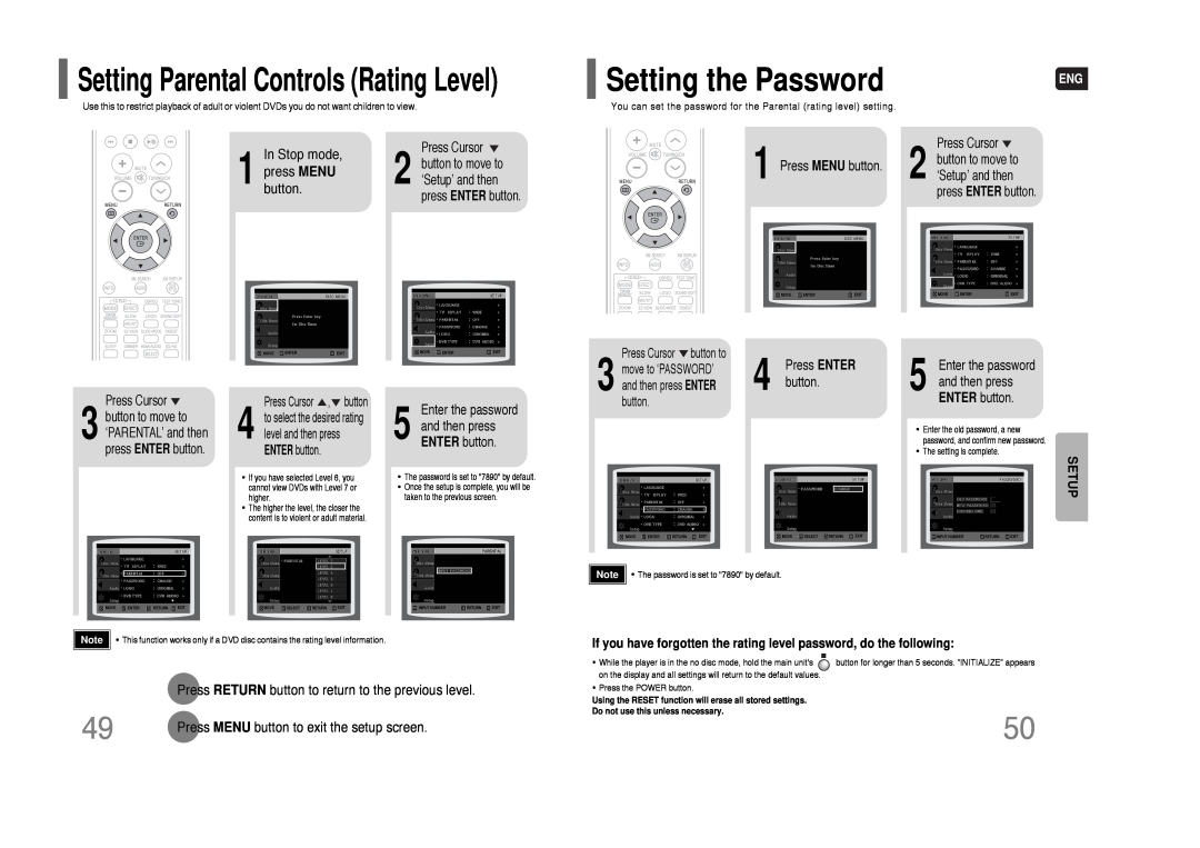 Samsung HT-TQ85 Setting the Password, Setting Parental Controls Rating Level, Stop mode, press MENU, button, Setup 