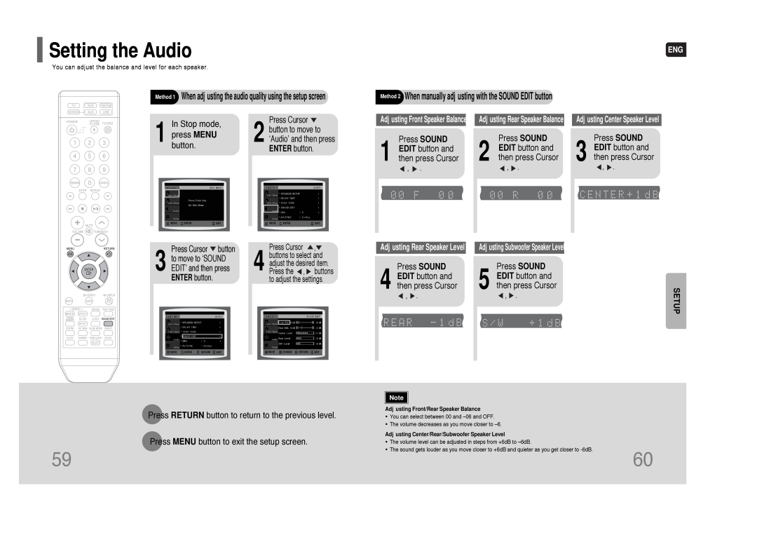 Samsung HT-TQ85 instruction manual Setting the Audio, Stop mode, press MENU, Press MENU button to exit the setup screen 