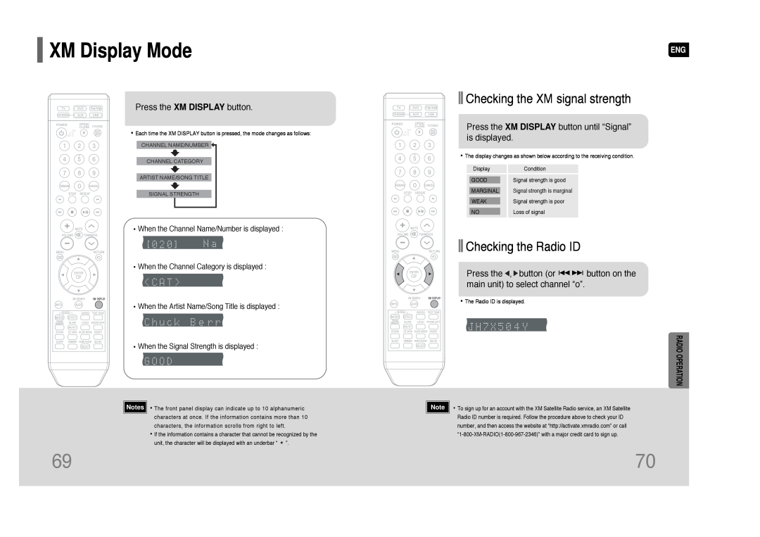 Samsung HT-TQ85 instruction manual XM Display Mode, Checking the XM signal strength, Checking the Radio ID 