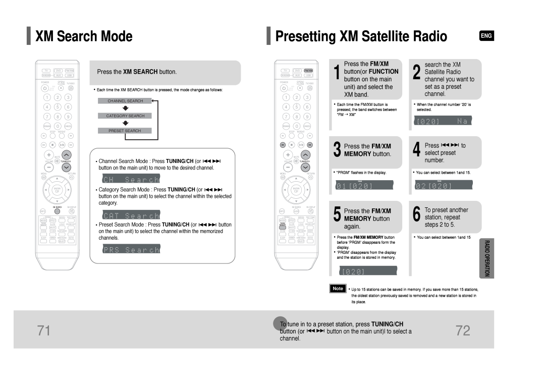 Samsung HT-TQ85 Presetting XM Satellite Radio, XM Search Mode, Press the XM SEARCH button, Press the FM/XM, button or 