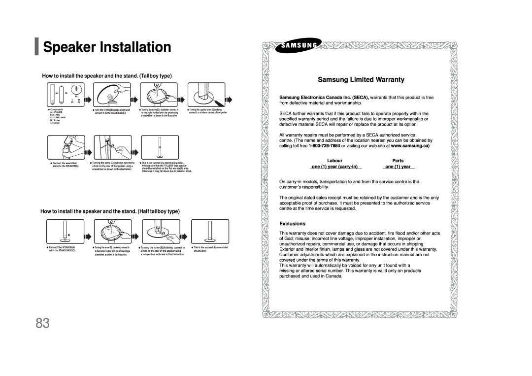 Samsung HT-TQ85 instruction manual Samsung Limited Warranty, Speaker Installation 