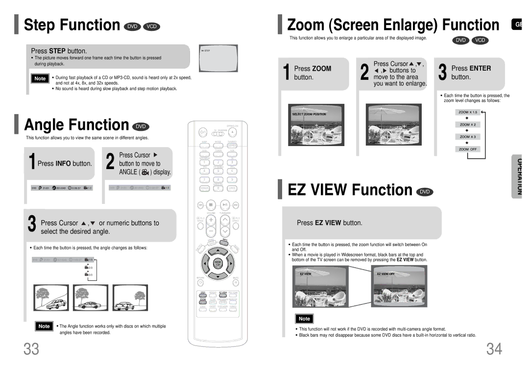 Samsung HT-TWP32R/ELS Step Function DVD VCD, Angle Function DVD, EZ View Function DVD, Zoom Screen Enlarge Function GB 