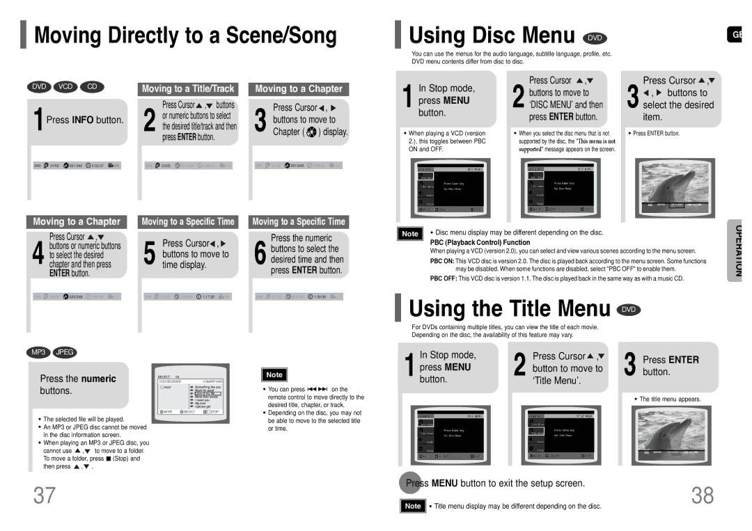 Samsung HT-TWP32R/ELS, HT-TWP32R/EDC manual Using the Title Menu DVD, Moving Directly to a Scene/Song 