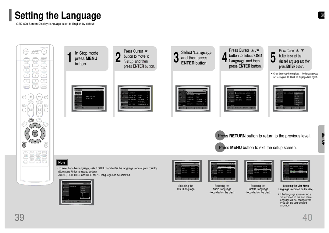 Samsung HT-TWP32R/EDC manual Setting the Language, Stop mode Press Menu button, Select ‘Language’ Then press Enter button 