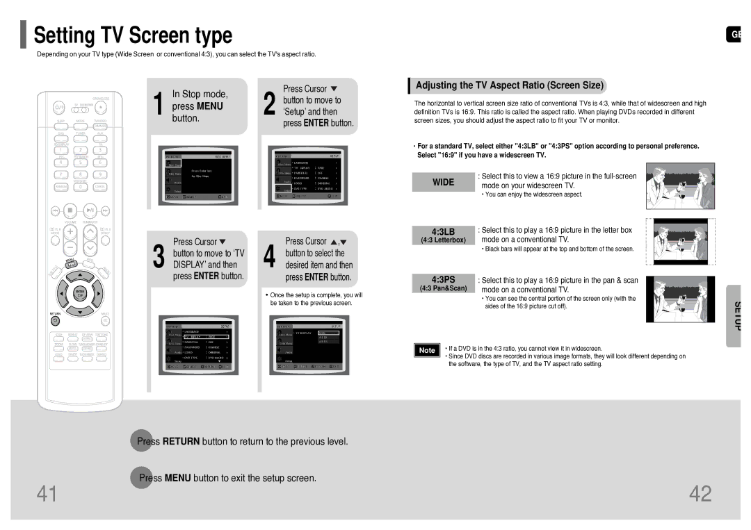 Samsung HT-TWP32R/ELS, HT-TWP32R/EDC manual Stop mode, Press Menu, Button, Adjusting the TV Aspect Ratio Screen Size 