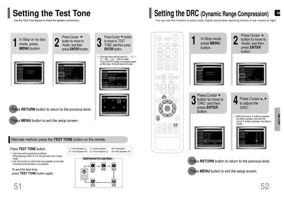 Samsung HT-TWP32R/EDC, HT-TWP32R/ELS manual Setting the Test Tone, Stop or no disc, Mode, press, Menu button 