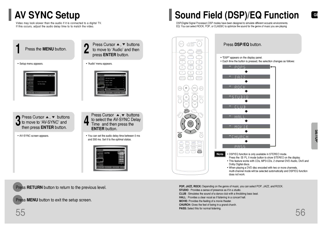 Samsung HT-TWP32R/EDC, HT-TWP32R/ELS manual AV Sync Setup, Press DSP/EQ button 