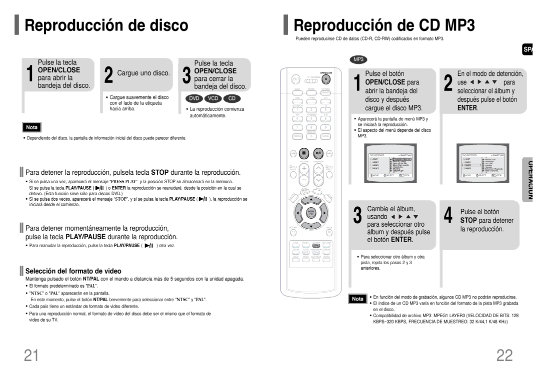 Samsung HT-TWP32R/ELS manual Reproducción de disco Reproducción de CD MP3, OPEN/CLOSE para abrir la bandeja del disco 