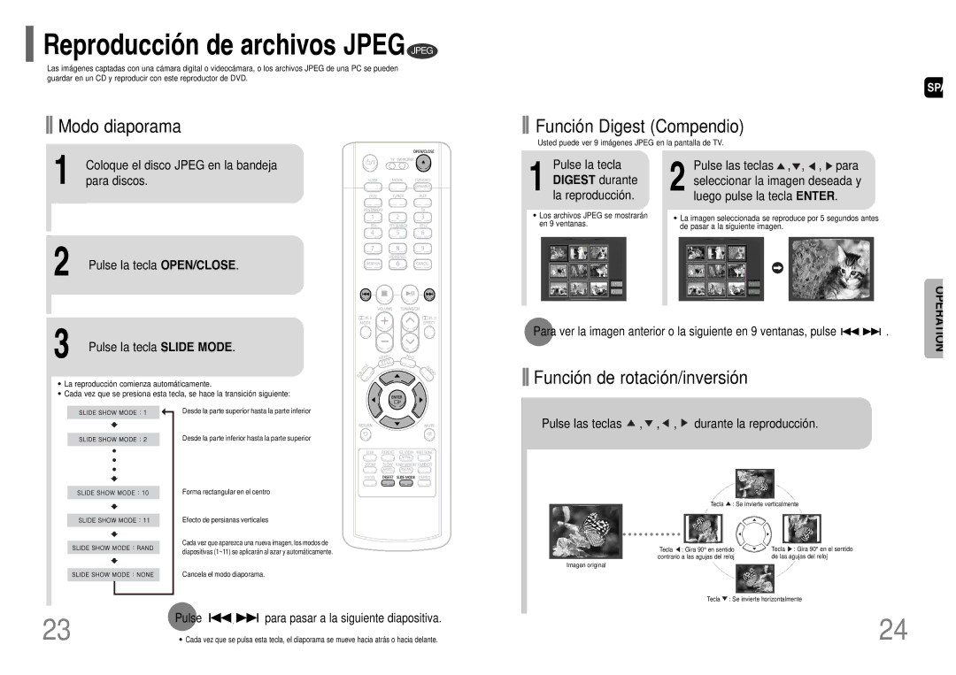 Samsung HT-TWP32R/ELS manual Coloque el disco Jpeg en la bandeja, Para discos, Pulse la tecla Slide Mode 