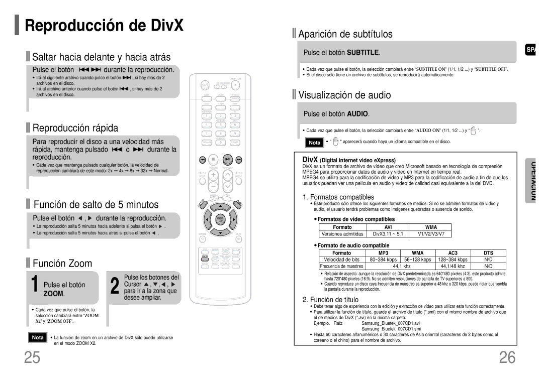 Samsung HT-TWP32R/ELS manual Reproducción de DivX, Zoom 