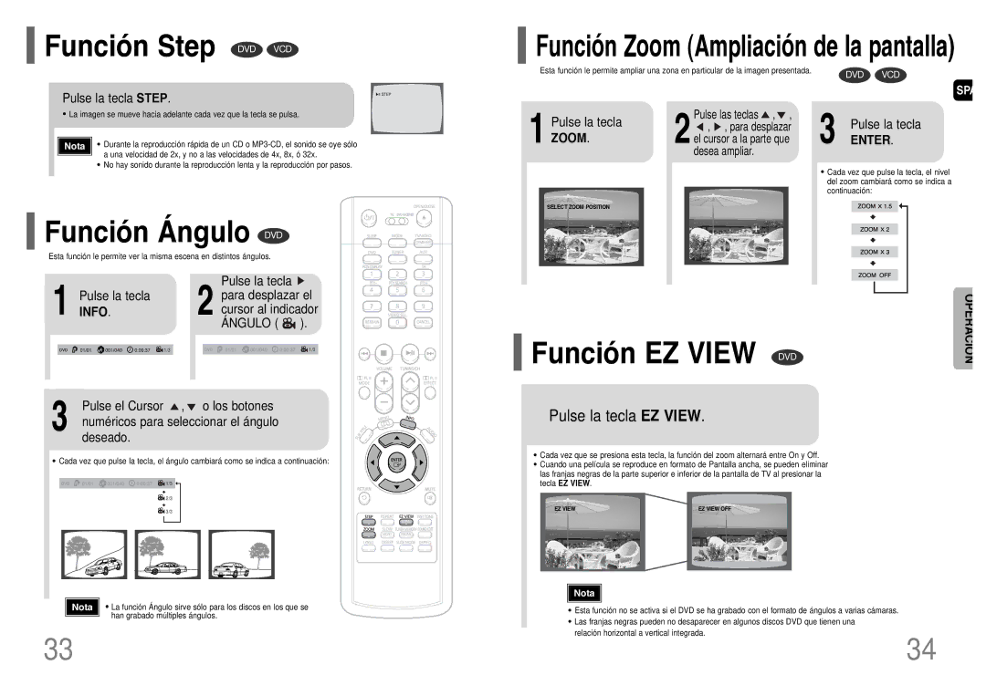 Samsung HT-TWP32R/ELS manual Función Step DVD VCD, Función Ángulo DVD, Función EZ View DVD 