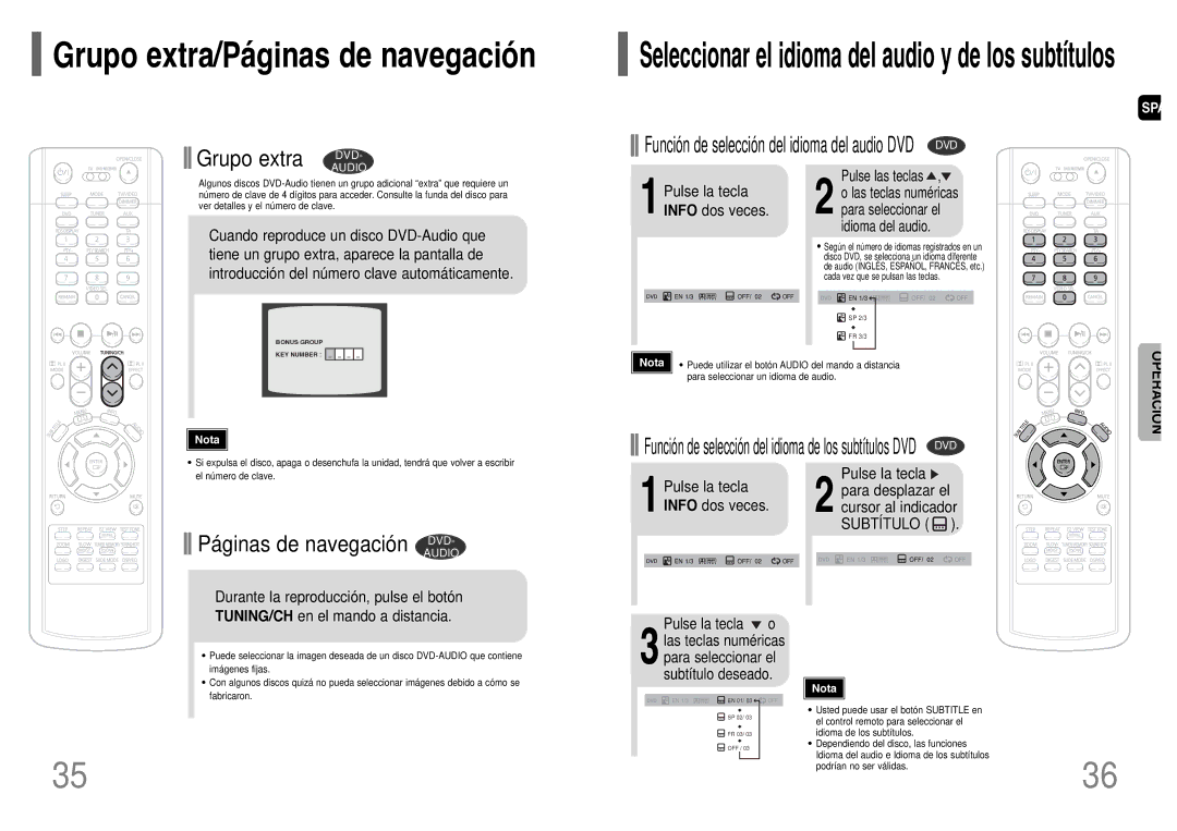 Samsung HT-TWP32R/ELS manual 1Pulse la tecla Info dos veces, Función de selección del idioma del audio DVD DVD 