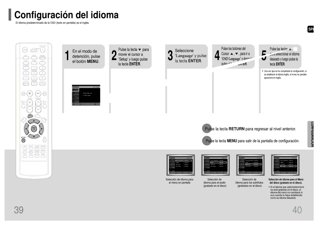 Samsung HT-TWP32R/ELS manual Configuración del idioma 