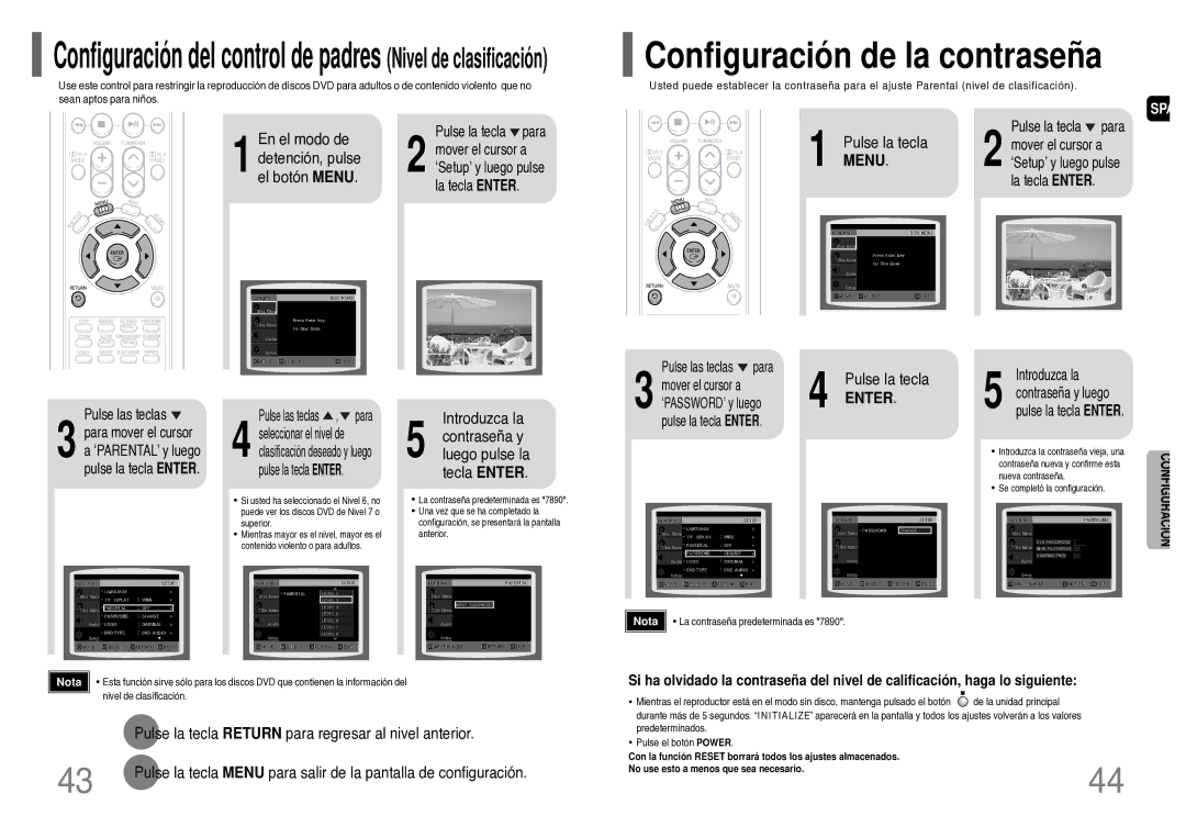 Samsung HT-TWP32R/ELS El modo de, Botón Menu, Introduzca la Contraseña y luego pulse la tecla Enter, Pulse las teclas para 