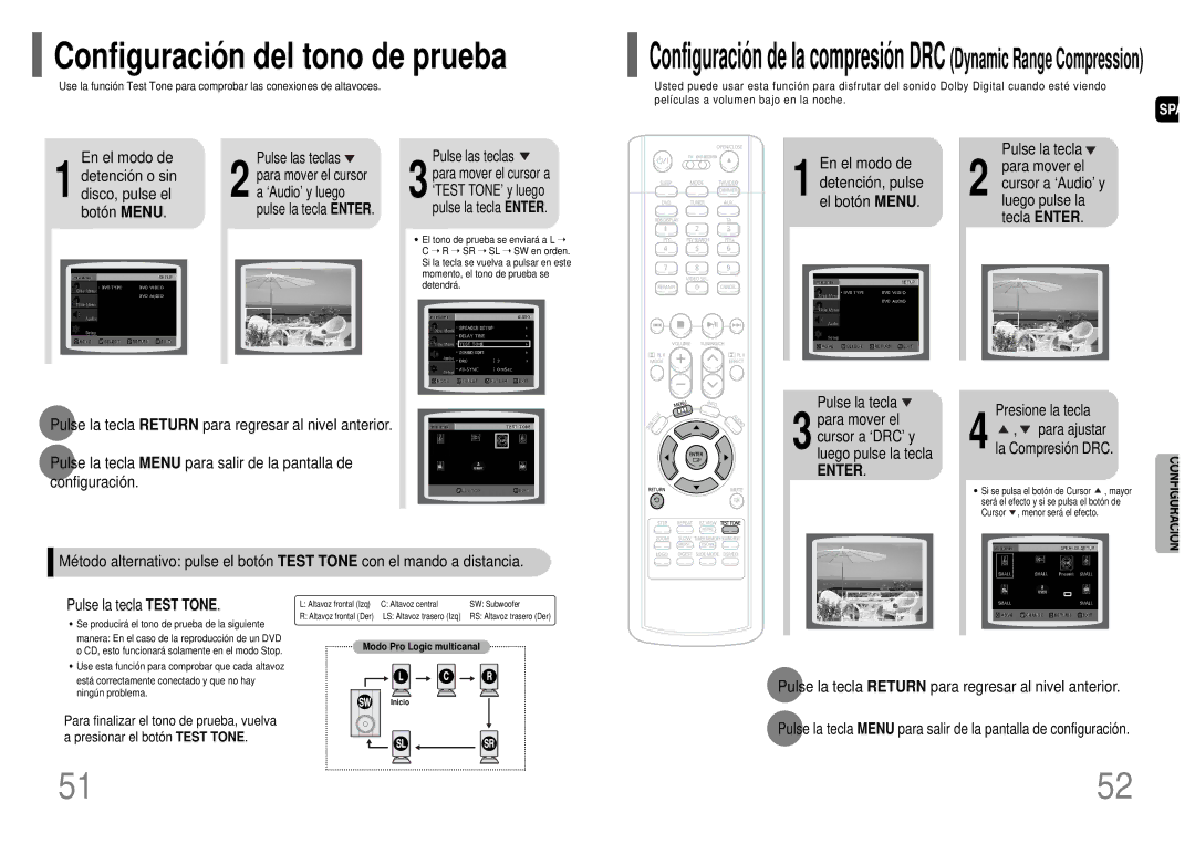 Samsung HT-TWP32R/ELS Detención o sin, Disco, pulse el, Cursor a ‘DRC’ y luego pulse la tecla, Pulse la tecla Test Tone 