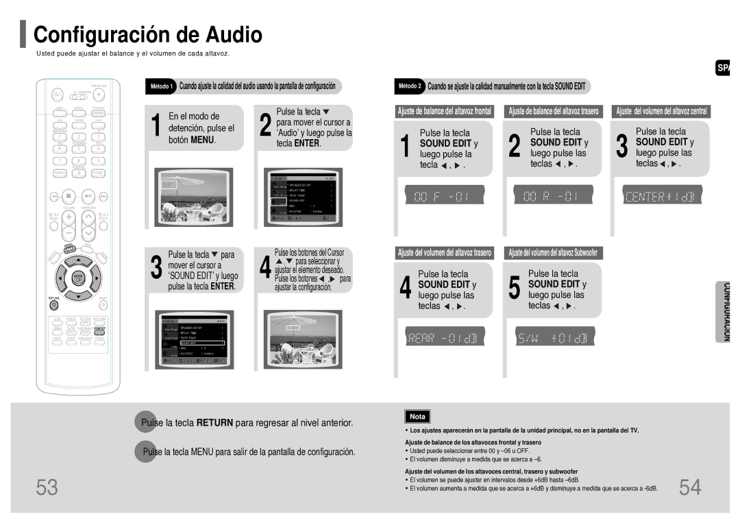 Samsung HT-TWP32R/ELS manual Configuración de Audio, Sound Edit y luego pulse la tecla, Sound Edit y luego pulse las teclas 