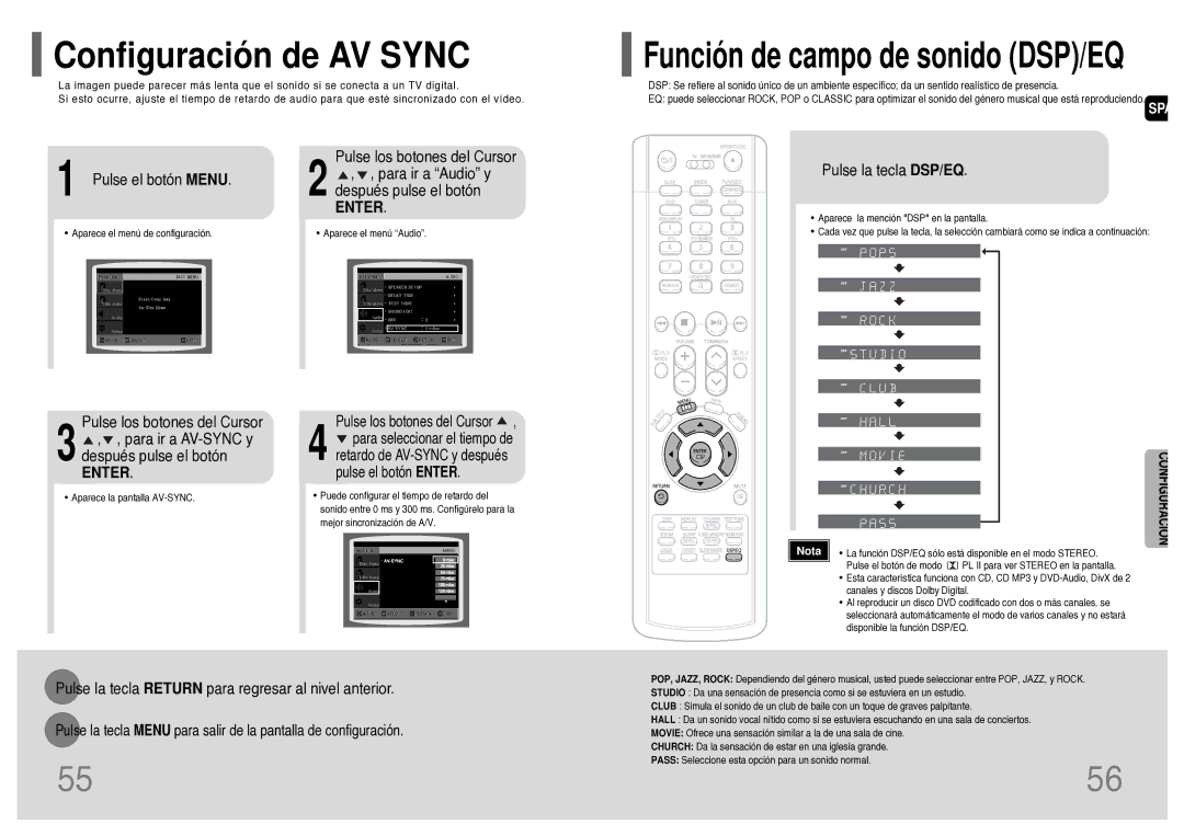 Samsung HT-TWP32R/ELS manual Configuración de AV Sync, Pulse el botón Menu, Pulse la tecla DSP/EQ 