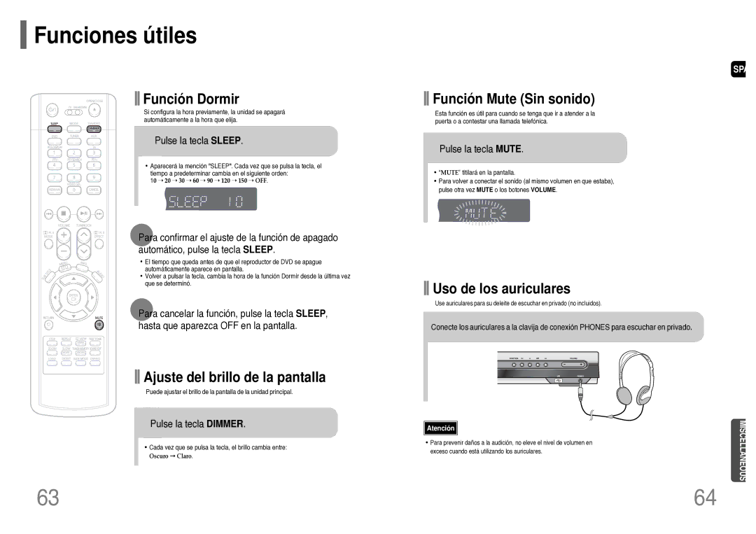 Samsung HT-TWP32R/ELS manual Funciones útiles, Pulse la tecla Sleep, Pulse la tecla Dimmer, Pulse la tecla Mute 