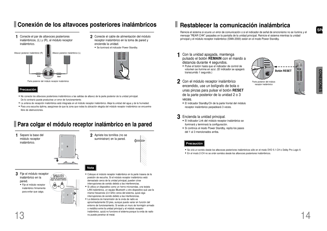 Samsung HT-TWP32R/ELS Con el módulo receptor inalámbrico, Encienda la unidad principal, Fije el módulo receptor, Pared 