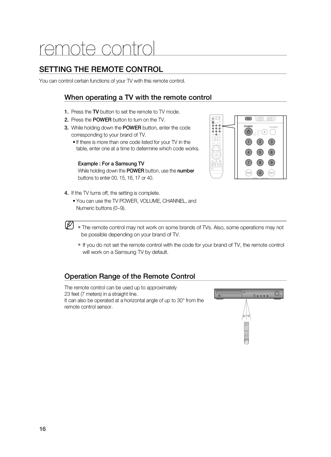 Samsung HT-TWZ315 manual SEttinG tHE rEmOtE COntrOL, When operating a tV with the remote control 