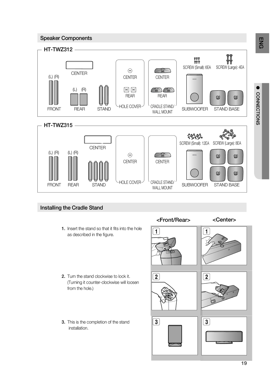 Samsung HT-TWZ315 Speaker Components EnG Ht-tWZ312, Ht-tWZ315, Installing the Cradle Stand, Front/rear Center, COnnECtiOnS 