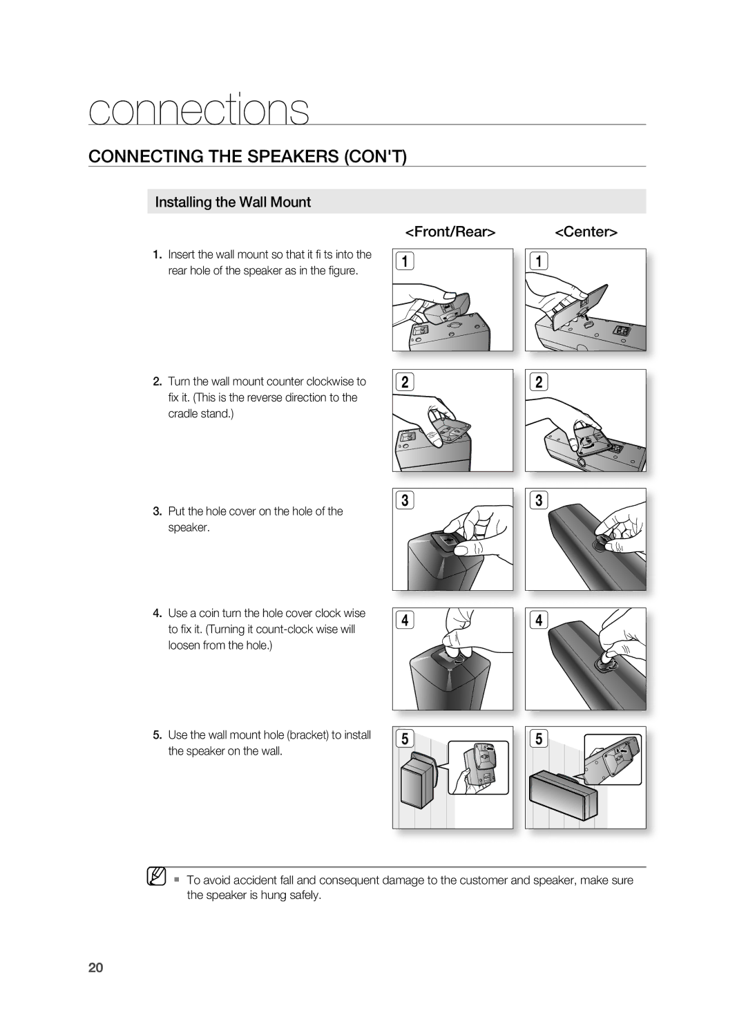 Samsung HT-TWZ315 manual Installing the Wall mount, Front/rear 