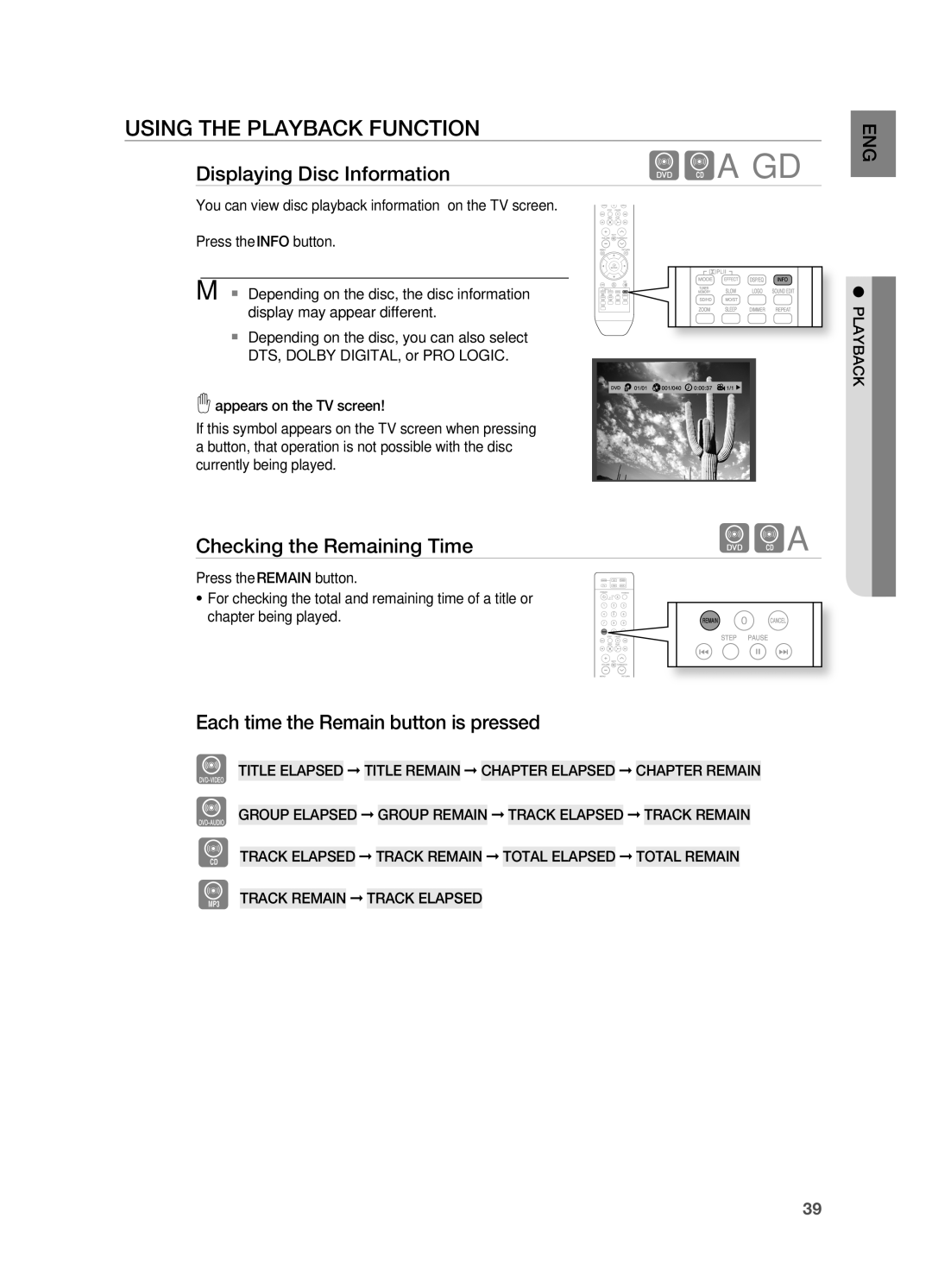 Samsung HT-TWZ315 manual USinG tHE PLAyBACK fUnCtiOn, Displaying Disc information, Checking the remaining time 