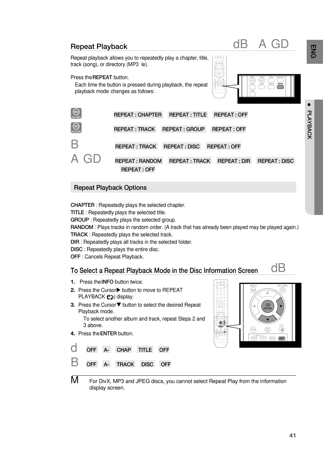 Samsung HT-TWZ315 manual Repeat Playback Options, REPEAt CHAPtEr REPEAt titLE REPEAt Off 