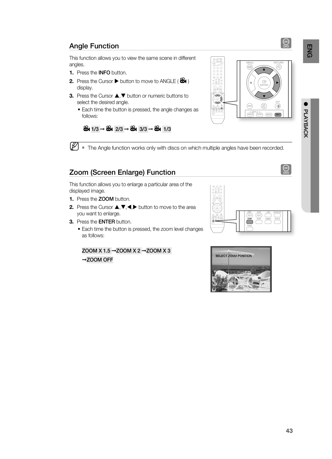 Samsung HT-TWZ315 manual Angle function, Zoom Screen Enlarge function, PLAyBACK ZOOm Off 