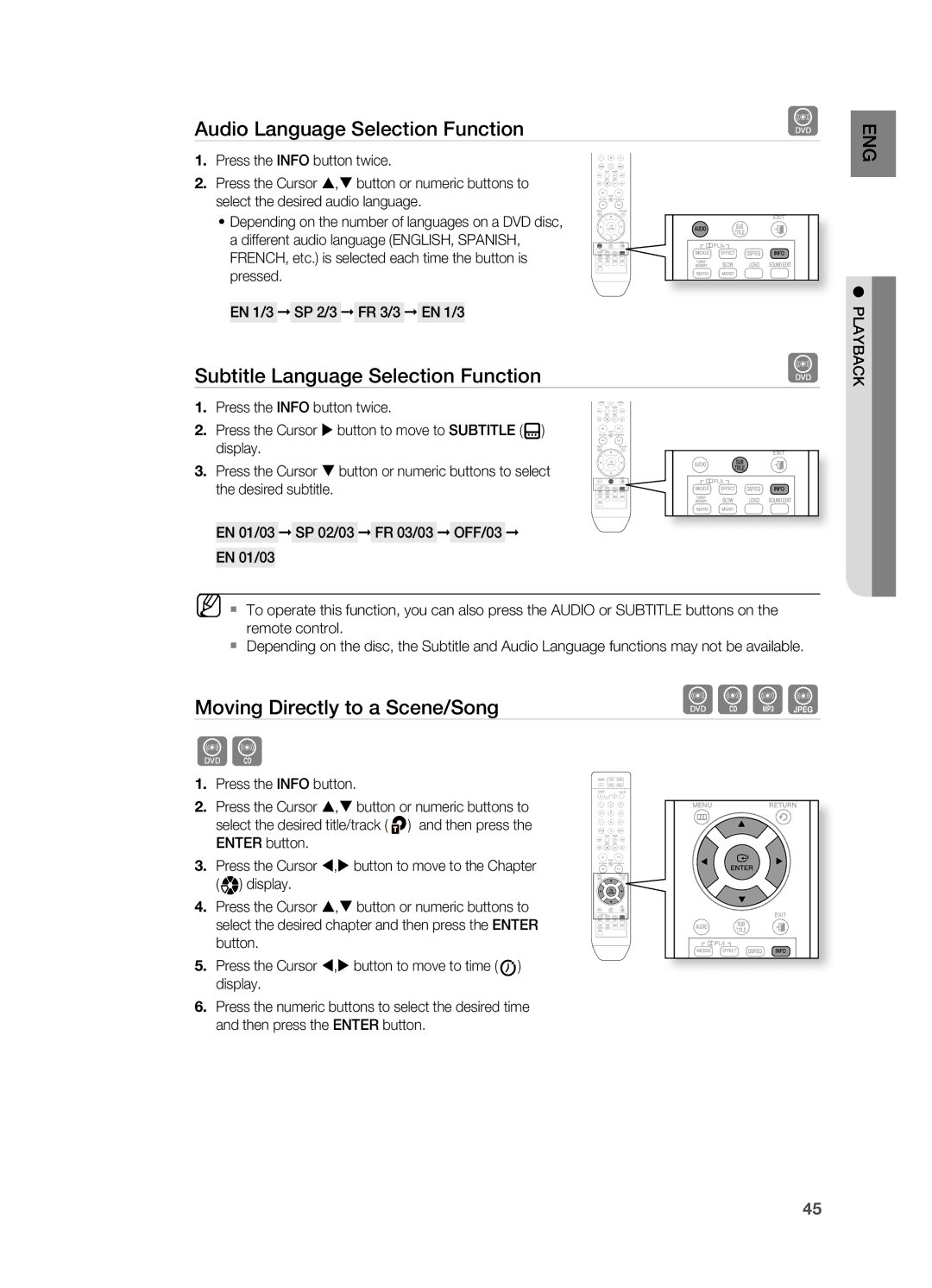 Samsung HT-TWZ315 Audio Language Selection function, Subtitle Language Selection function, Moving Directly to a Scene/Song 