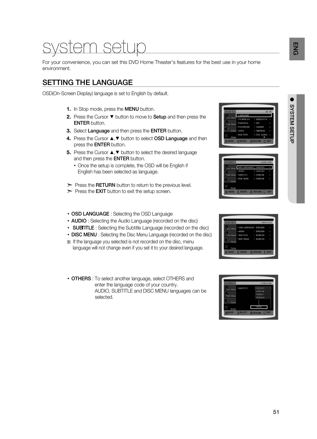 Samsung HT-TWZ315 manual System setup, Setting the Language, Metsys 