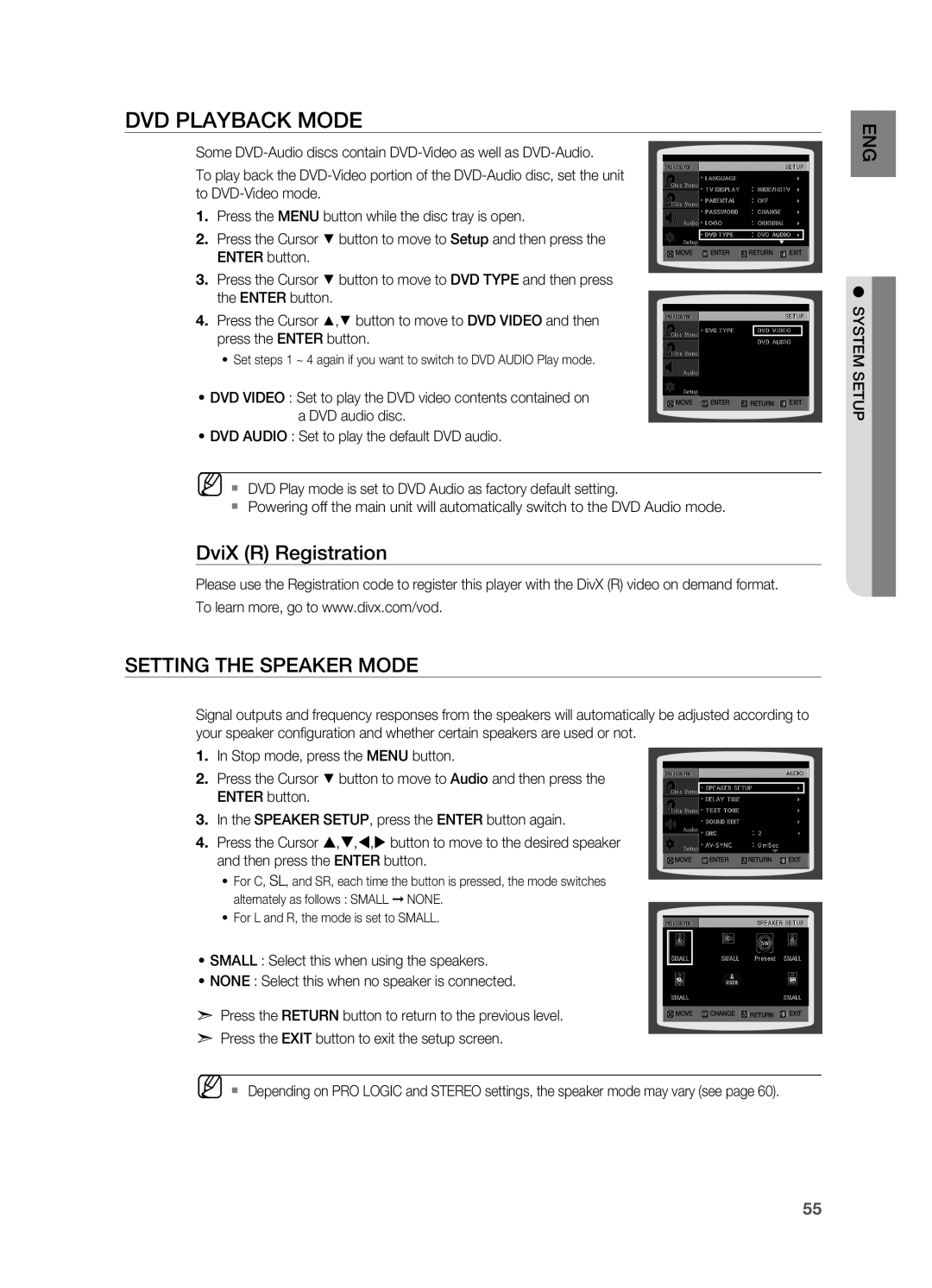 Samsung HT-TWZ315 manual DVD Playback Mode, DviX R Registration Setting the Speaker Mode 