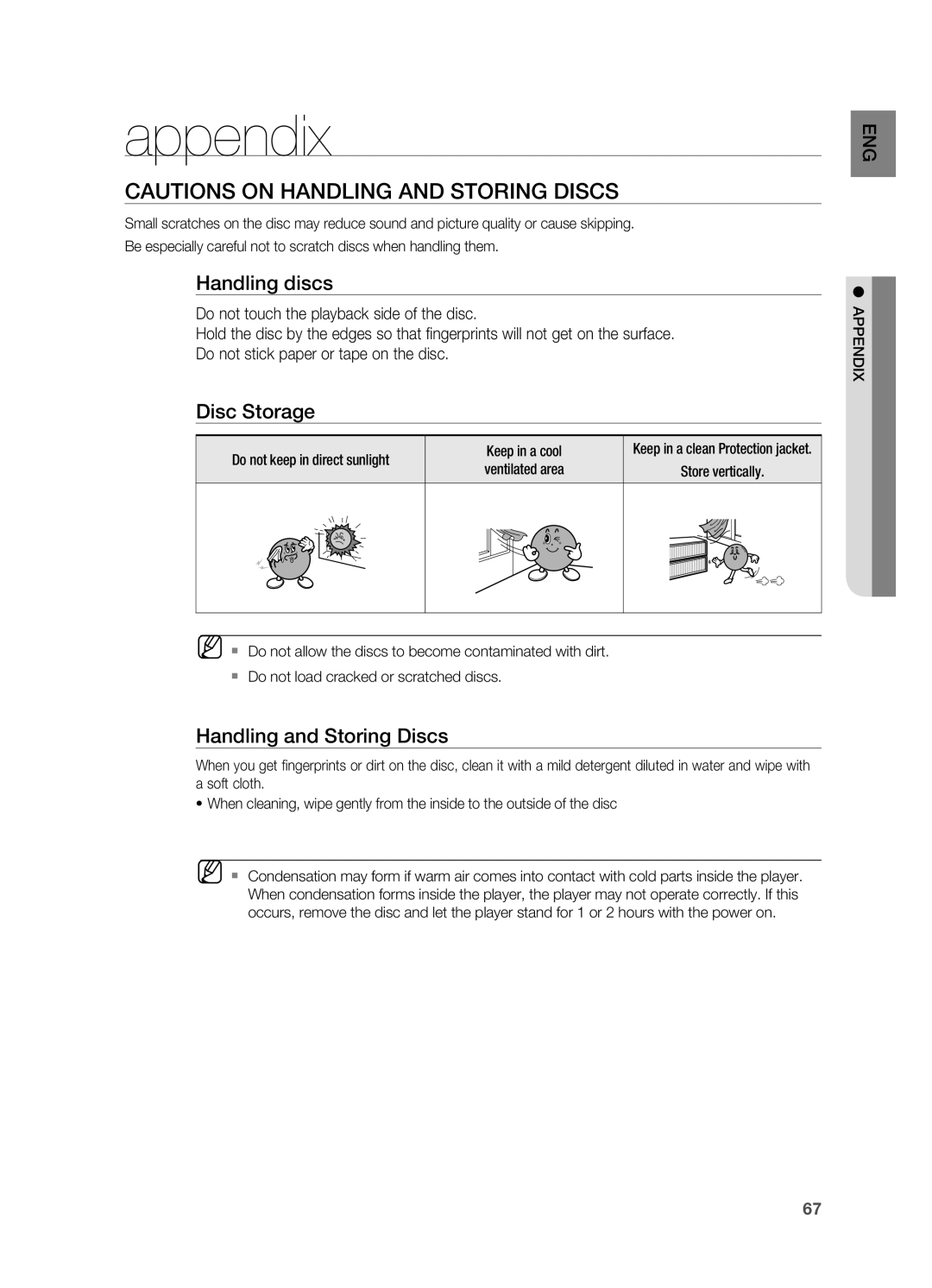 Samsung HT-TWZ315 manual Appendix, Handling discs, Disc Storage, Handling and Storing Discs, Keep in a cool 