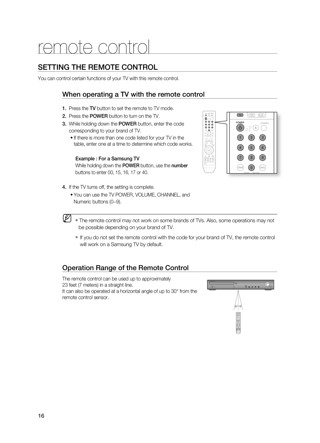 Samsung HT-TWZ315 manual SEttinG tHE rEmOtE COntrOL, When operating a tV with the remote control 