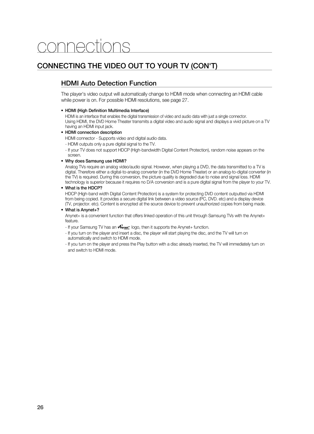 Samsung HT-TWZ315 manual Connecting the Video Out to your TV CONt, HDMI Auto Detection Function, connections 