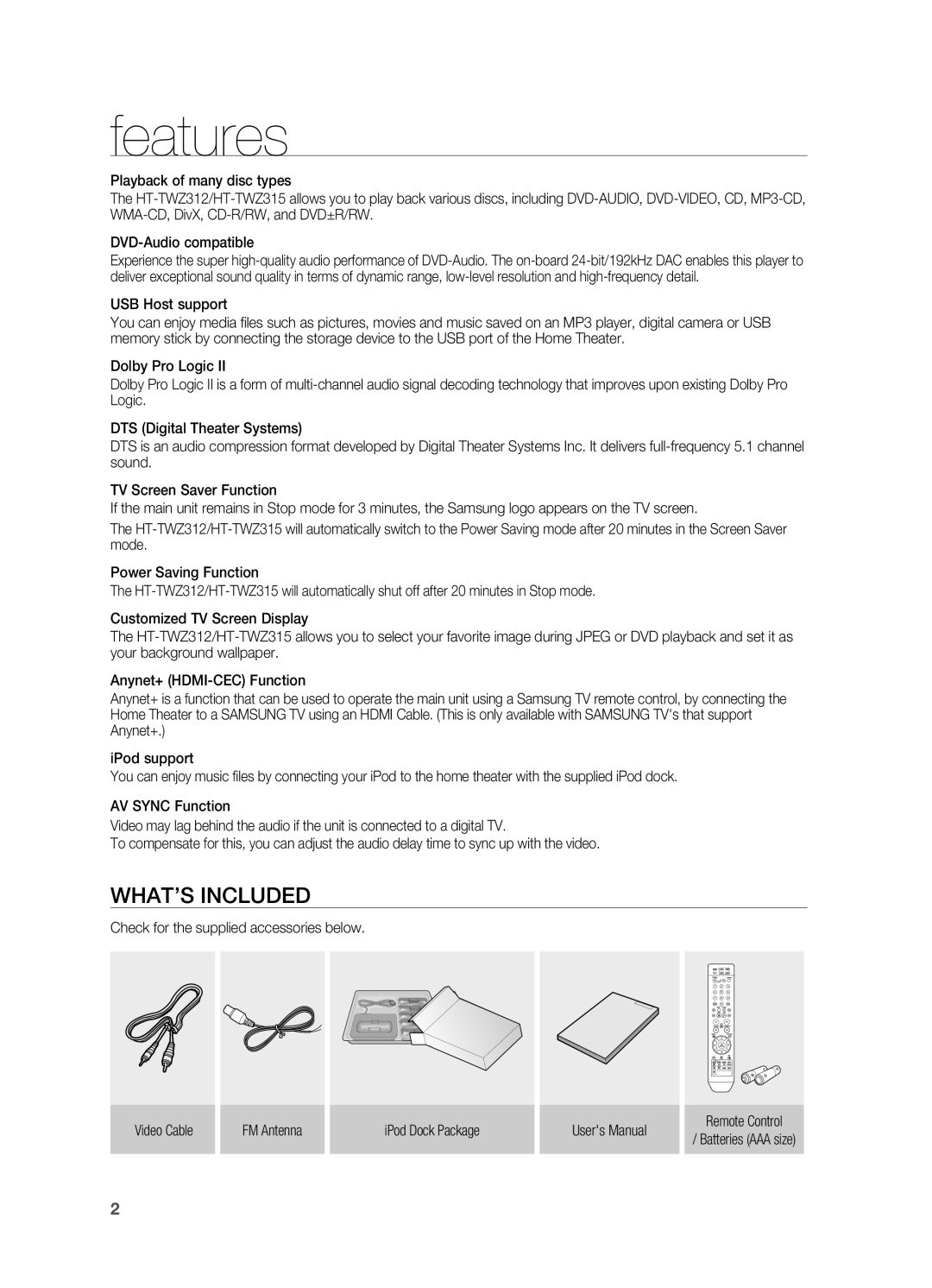 Samsung HT-TWZ315 manual features, WHAt’S inCLUDED 
