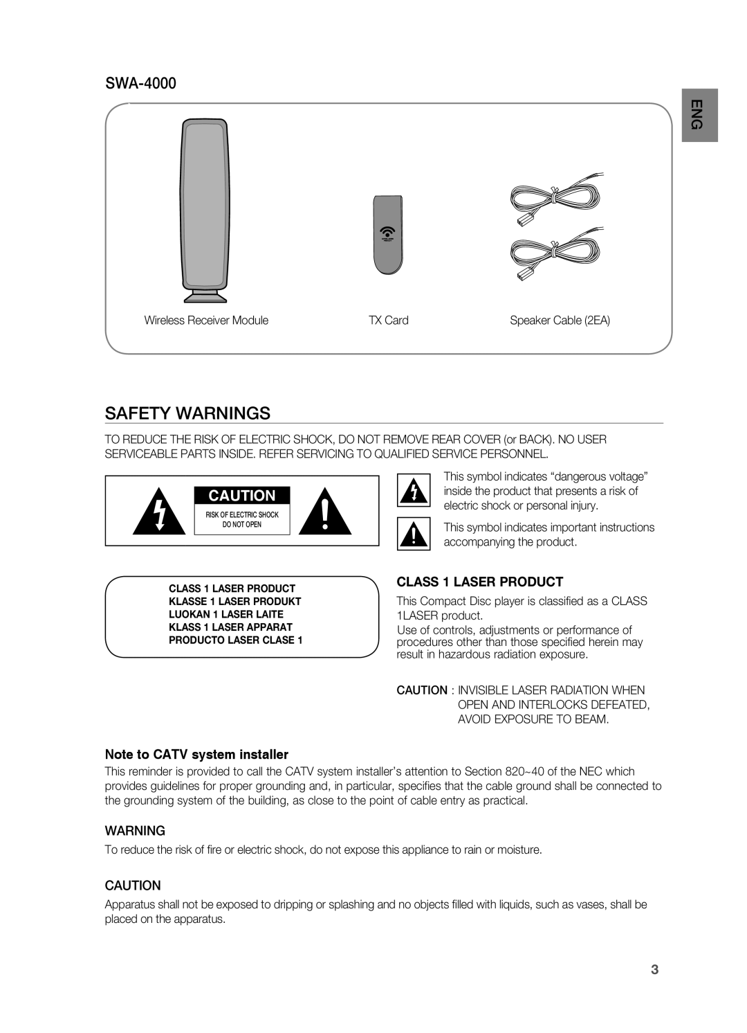 Samsung HT-TWZ315 manual Safety Warnings, SWA-4000, Note to CATV system installer, CLASS 1 LASER PRODUCT 