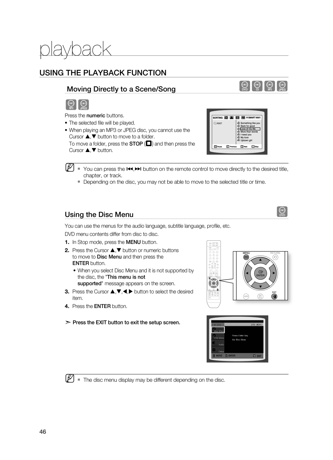 Samsung HT-TWZ315 manual Using the Disc menu, playback, dBAG, USinG tHE PLAyBACK fUnCtiOn, moving Directly to a Scene/Song 
