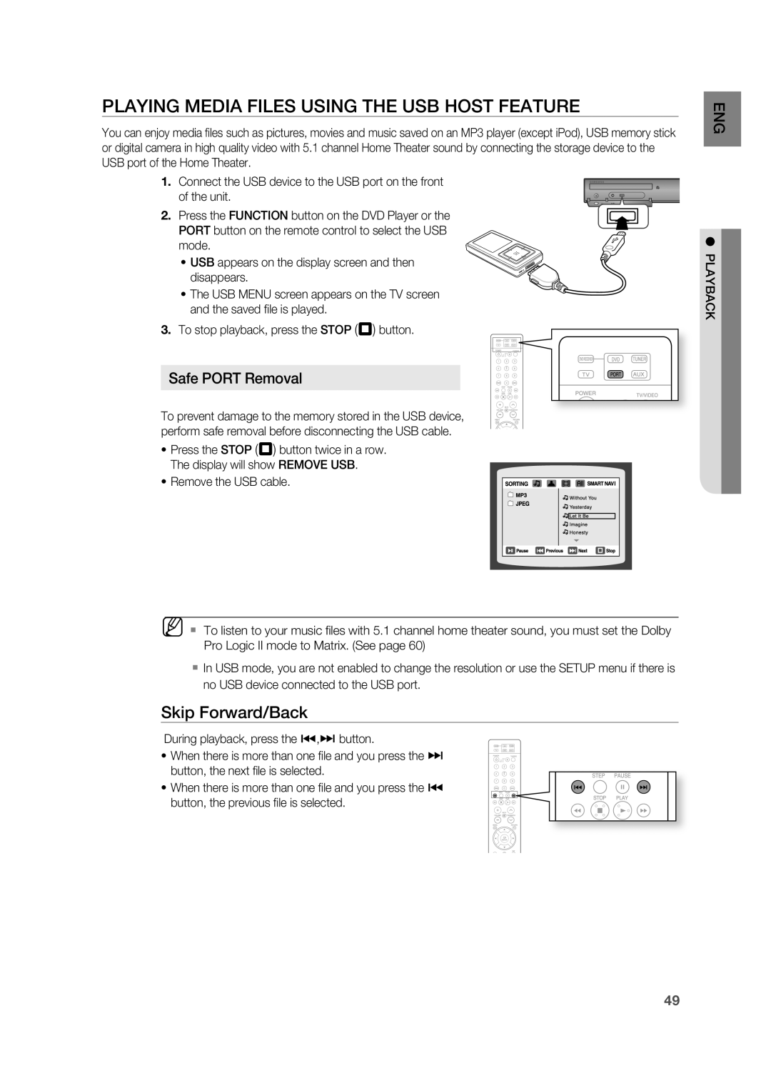 Samsung HT-TWZ315 manual PLAyinG mEDiA fiLES USinG tHE USB HOSt fEAtUrE, Safe POrt removal, Skip forward/Back 