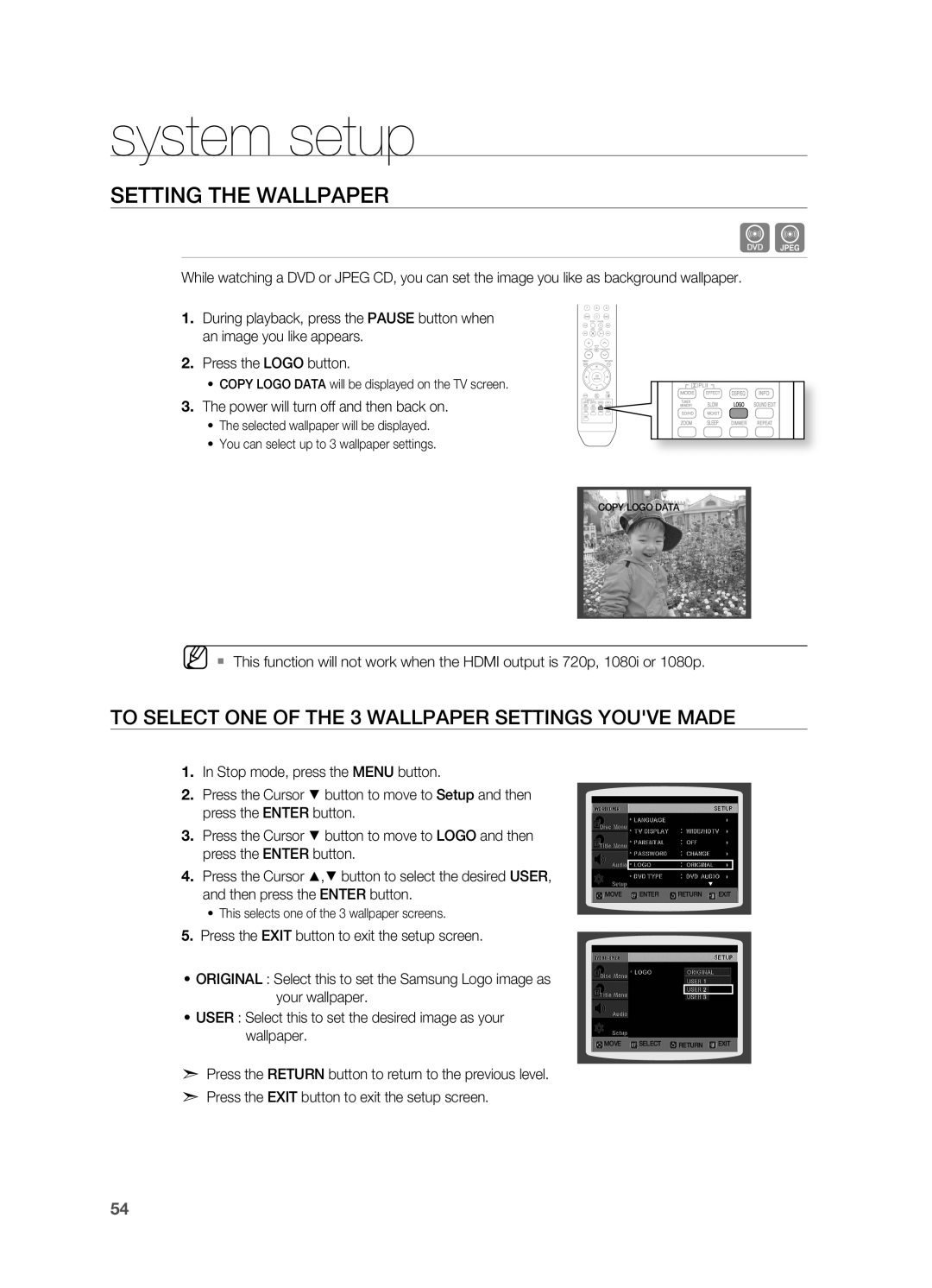 Samsung HT-TWZ315 manual SEttinG tHE WALLPAPEr, system setup 