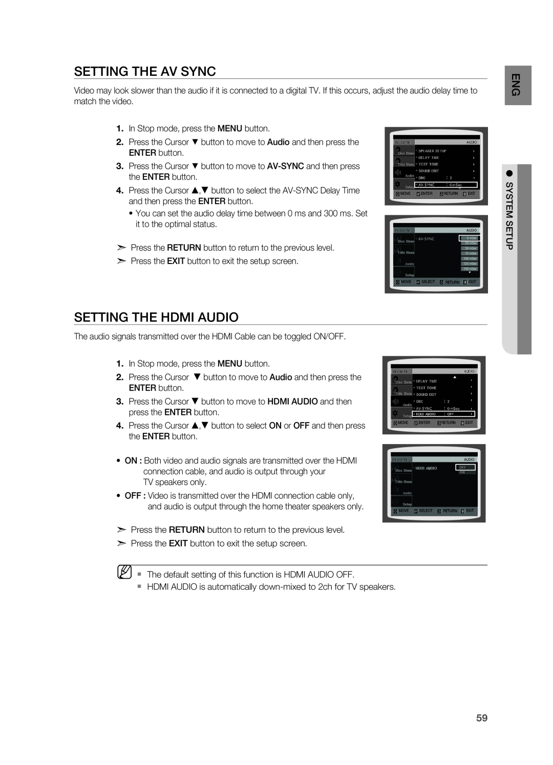 Samsung HT-TWZ315 manual Setting the AV SYNC, Setting the HDMI Audio 