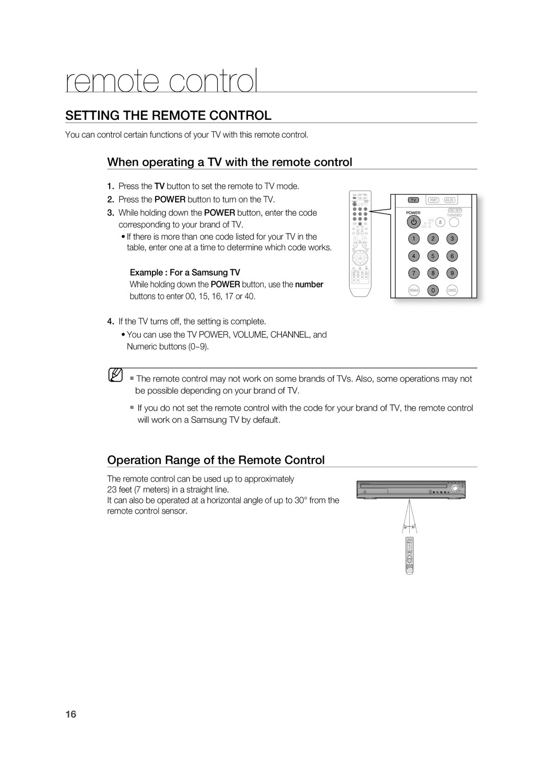 Samsung HT-TWZ415 user manual SETTINg the rEMOTE CONTrOL, When operating a TV with the remote control 