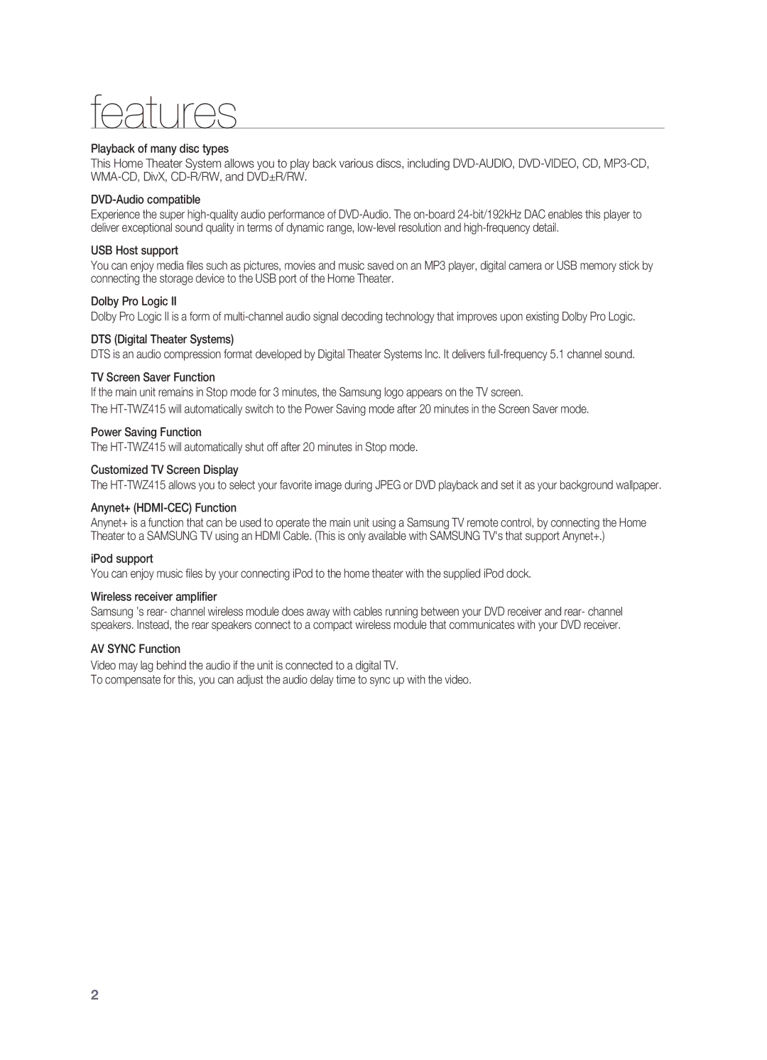 Samsung HT-TWZ415 user manual Features, DTS Digital Theater Systems, Anynet+ HDMI-CEC Function 