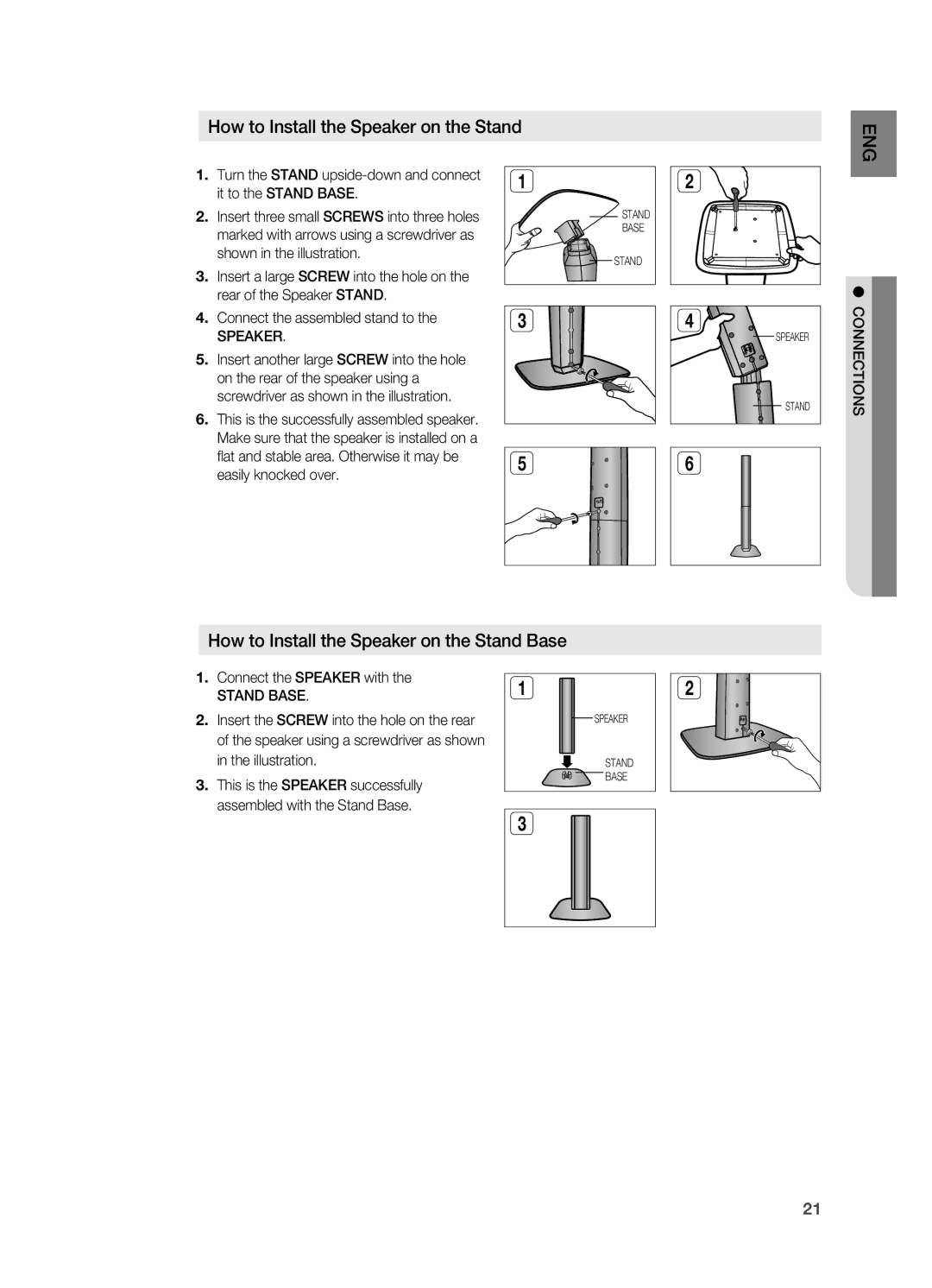 Samsung HT-TWZ415 user manual How to Install the Speaker on the Stand ENg, How to Install the Speaker on the Stand Base 