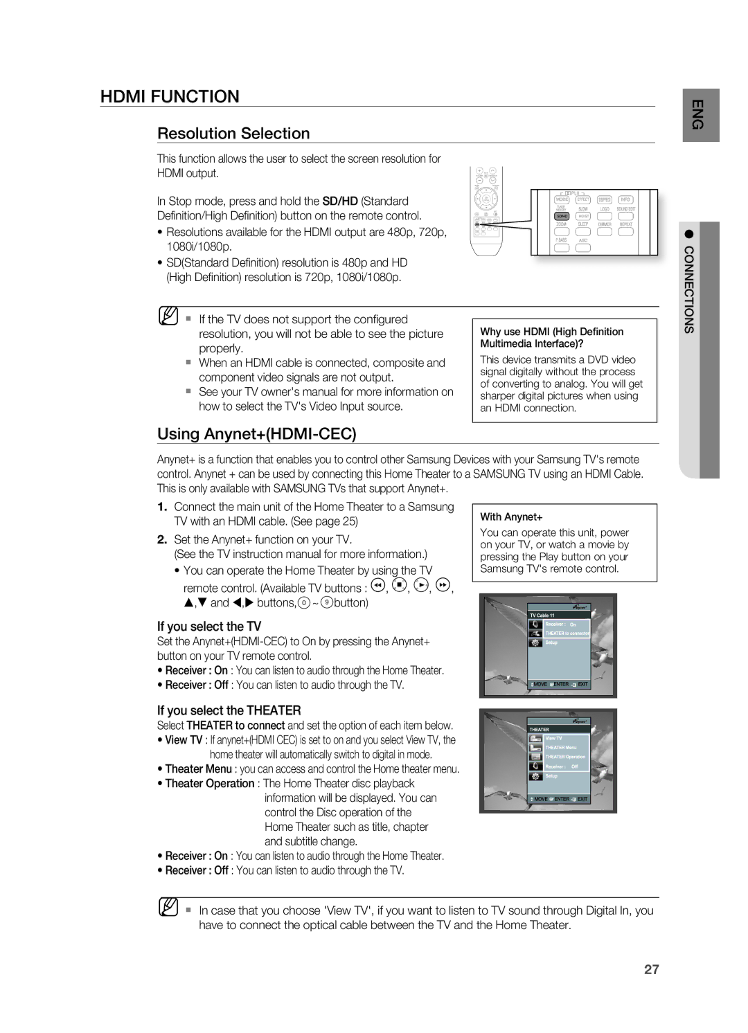 Samsung HT-TWZ415 user manual Hdmi Function, Resolution Selection, Using Anynet+HDMI-CEC, If you select the TV 