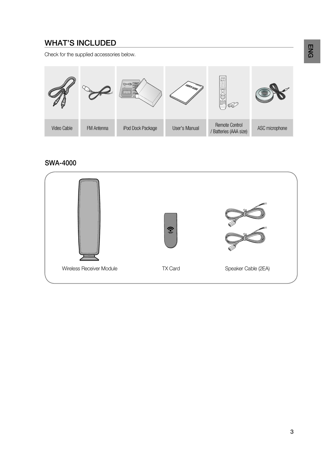 Samsung HT-TWZ415 user manual WHAT’S Included, SWA-4000, ENg 