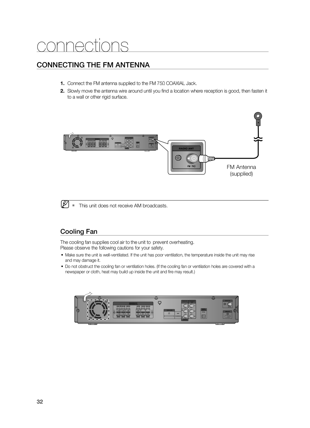 Samsung HT-TWZ415 Connecting the FM Antenna, Cooling Fan, FM Antenna Supplied, ` This unit does not receive AM broadcasts 